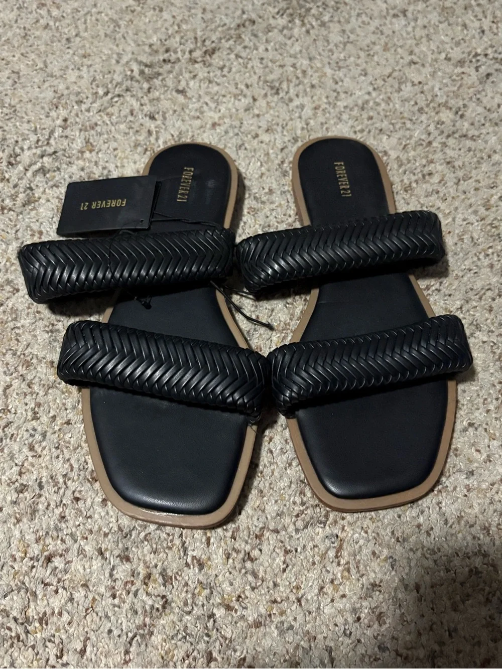 Forever 21 Slide‎ Sandals Womens 10 Black Braided Square Toe Faux Leather Flat